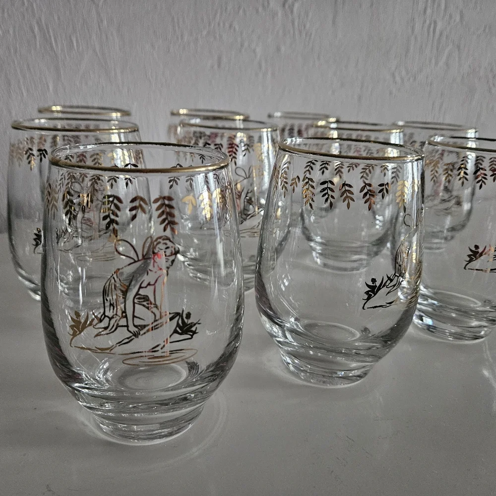 VTG 1950s LIBBEY White Rock Girl Gold Painted Stemless Glasses | Set of 10